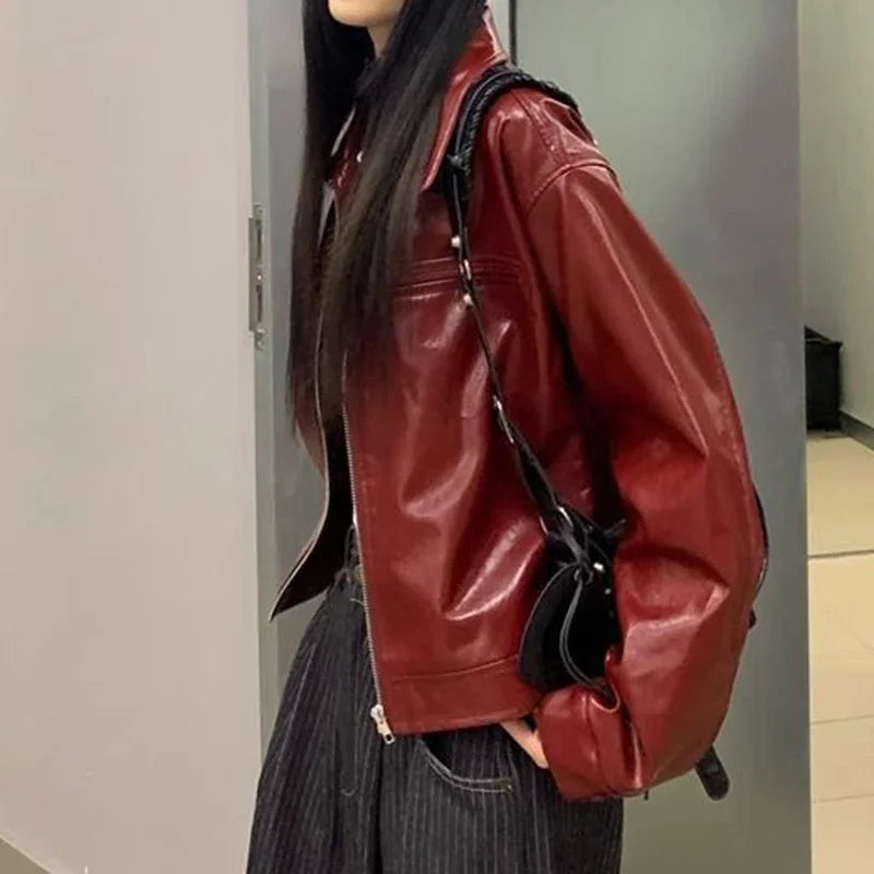 Veste en cuir à revers rouge rétro pour femme, manteau d'hiver ample pour fille, haut doux et cool, début d'automne, nouveau