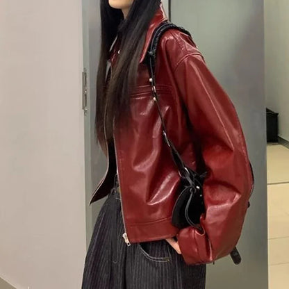Veste en cuir à revers rouge rétro pour femme, manteau d'hiver ample pour fille, haut doux et cool, début d'automne, nouveau