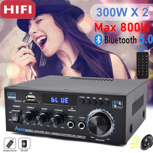 Amplificateur de puissance Bluetooth 5.0, récepteur stéréo, caisson de basses, audio Hi-Fi, AK45, 2 canaux, 300W x 2 sorties, Max 800W