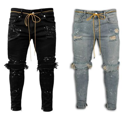 Jean Long en Denim pour Homme, Pantalon Crayon, Trou, Épissure, Simple, Coupe Slim, Fermeture Éclair, Lacets, Serré, Taille Droite, FJM, Automne
