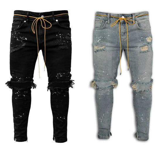 Jean Long en Denim pour Homme, Pantalon Crayon, Trou, Épissure, Simple, Coupe Slim, Fermeture Éclair, Lacets, Serré, Taille Droite, FJM, Automne