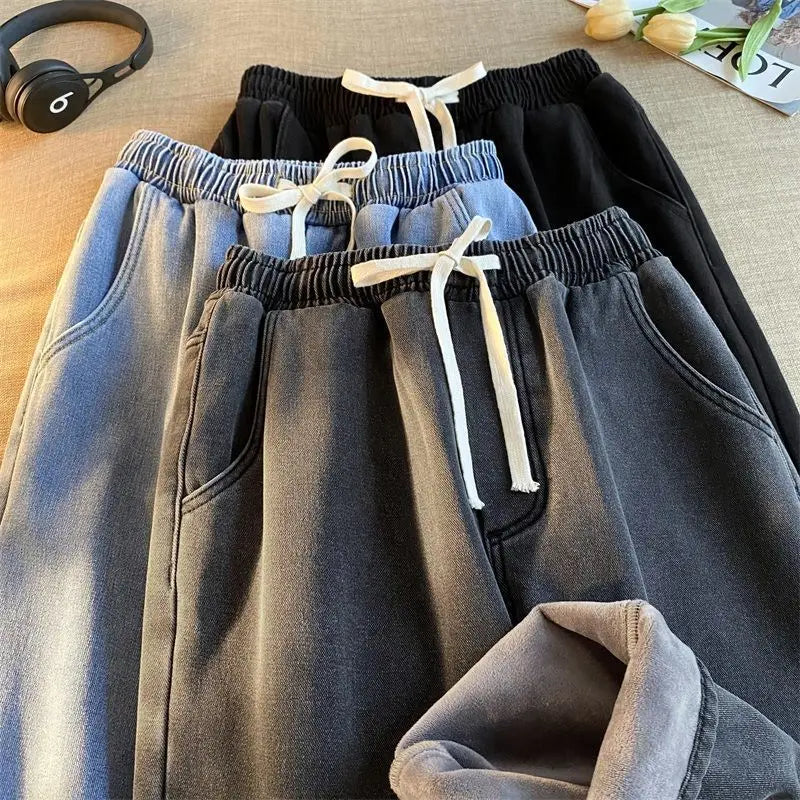 Jean coréen rétro pour hommes et femmes, modèles d'automne et d'hiver, rembourré et épais, ample, droit, jambes larges, pantalons décontractés