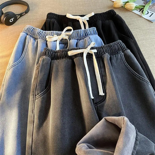Jean coréen rétro pour hommes et femmes, modèles d'automne et d'hiver, rembourré et épais, ample, droit, jambes larges, pantalons décontractés