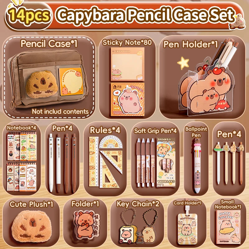 Ensemble de trousse à crayons Capybara avec fournitures, Kit de papeterie 6/9/14/16 pièces, comprend un support, une stylo, un porte-clés, des autocollants, une broche, des Clips pour Hobbis