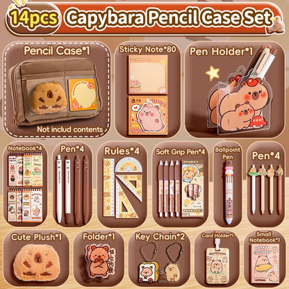 Ensemble de trousse à crayons Capybara avec fournitures, Kit de papeterie 6/9/14/16 pièces, comprend un support, une stylo, un porte-clés, des autocollants, une broche, des Clips pour Hobbis