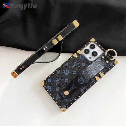 Étui carré en cuir avec dragonne pour iPhone