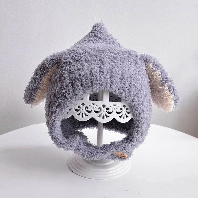 Chapeau en peluche avec oreilles de lapin pour bébé, bonnet pour bébé, bonnet à oreillettes, dessin animé coréen, chaud, mignon, garçon, fille, enfants, automne, hiver