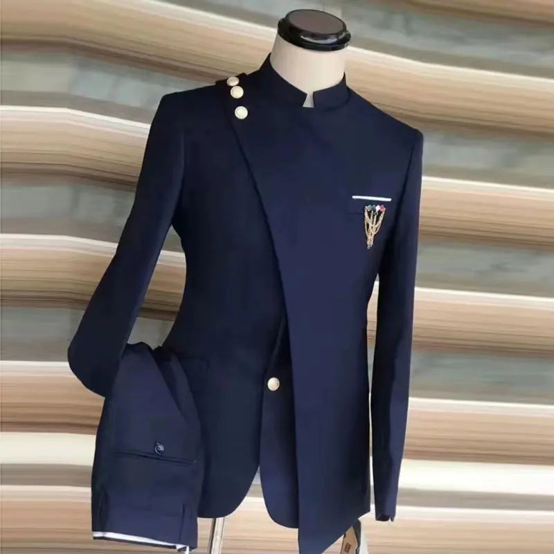 Costume européen et américain pour hommes, grande taille, col montant et col incliné, robe d'affaires, Banquet, Cocktail, robe d'hébergement, ensemble deux pièces