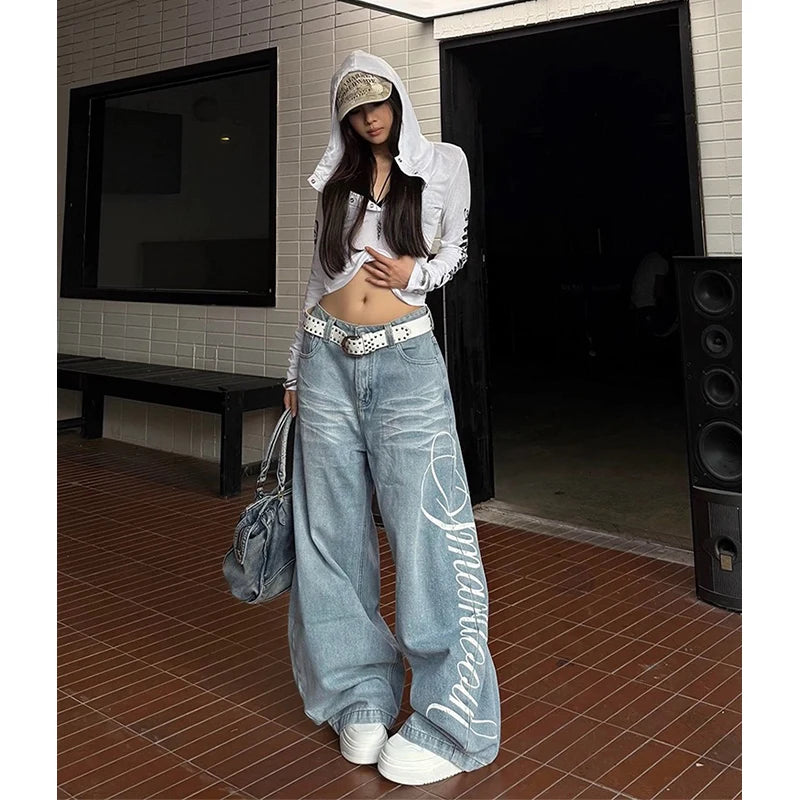 Automne femmes Y2k Baggy bleu Jean japonais années 2000 Style petit ami Jean pantalon Vintage Harajuku broderie Denim pantalon vêtements