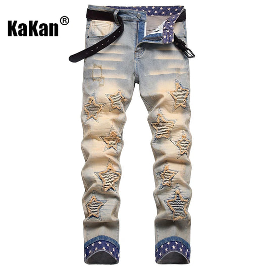 Kakan - Nouveaux jeans longs brodés et brodés européens et américains pour vêtements pour hommes, jeans extensibles à la mode à revers rétro