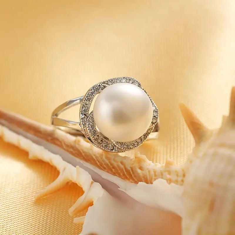 Bague en argent sterling 925 pour femme, grande perle naturelle, anneau en pierre réglable, perle blanche/rose/violette,