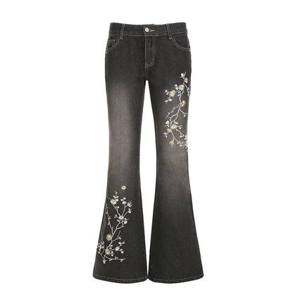 Jean Vintage brodé de fleurs Y2k années 2000, jean évasé taille basse, Baggy d'été pour femmes, mode Streetwear, pantalon en Denim