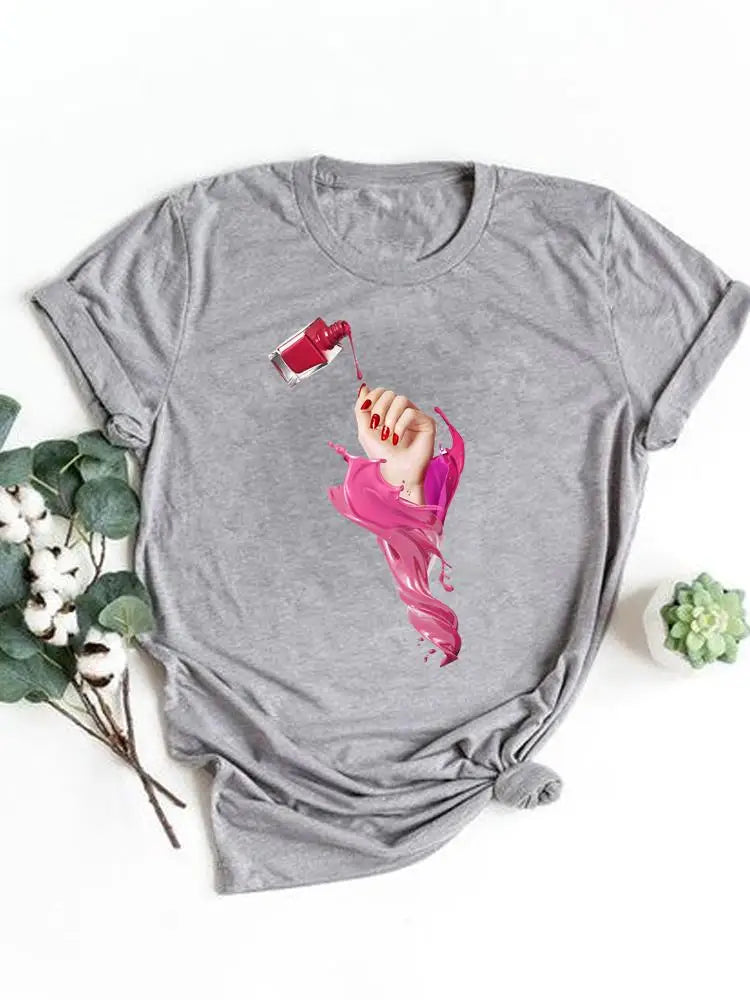 T-shirt manches courtes pour femmes, vêtement basique, haut d'été, maquillage rayé, joli et mignon, imprimé, à la mode, graphique