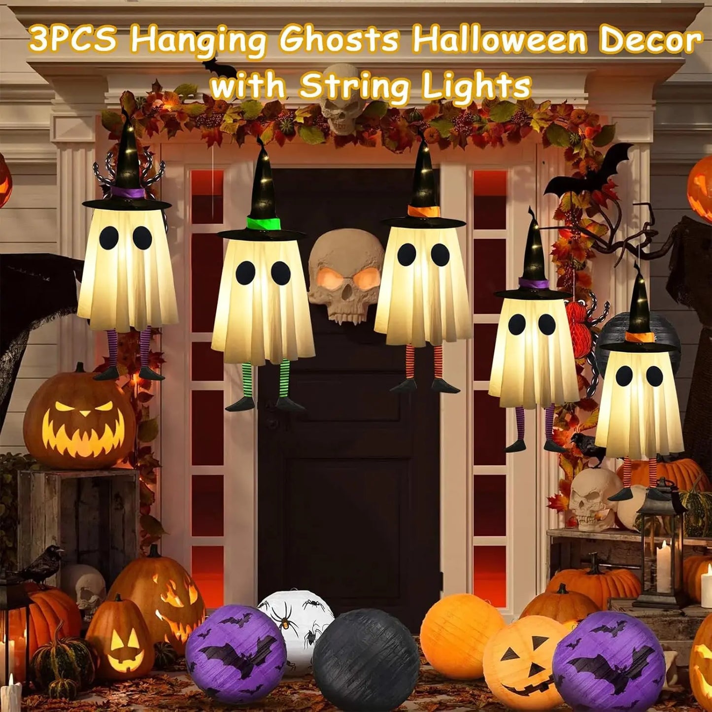 Fantômes suspendus d'Halloween, décorations d'Halloween Fantômes suspendus en plein air avec chapeau de sorcière pour cour, patio, jardin, arbre à l'extérieur