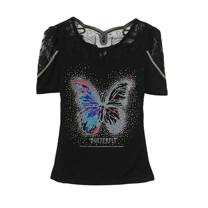 Été nouvelle mode maille T-shirt Chic luxe papillon chaud diamant T-shirt élégant dentelle Patchwork à manches courtes mince haut pour femme