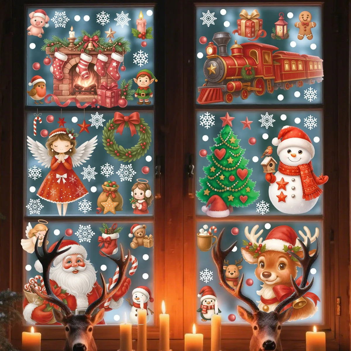 Autocollants de fenêtre de renne de noël, bonhomme de neige, flocon de neige, autocollants électrostatiques de noël, décor de joyeux noël, bonne année