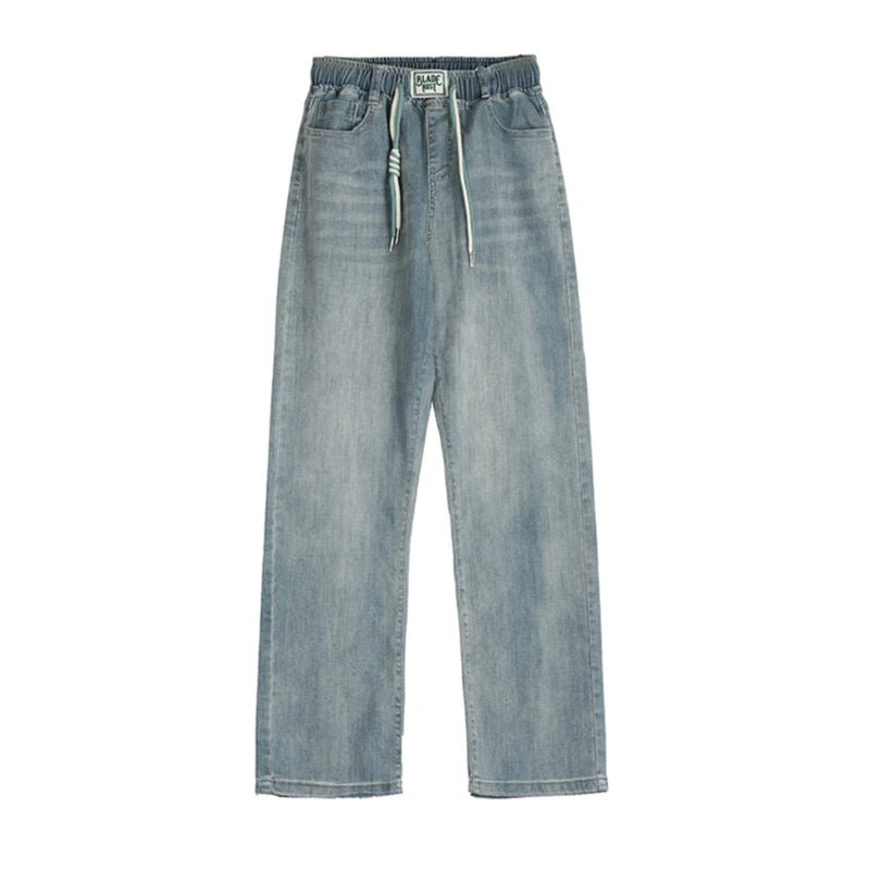Jean élastique taille haute pour femme, pantalon en denim bleu, jambe large, droit, proximité, décontracté, printemps, automne, 8039