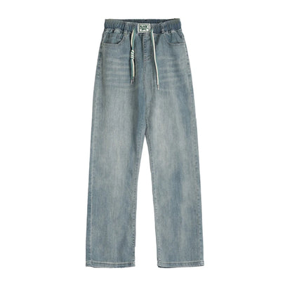 Jean élastique taille haute pour femme, pantalon en denim bleu, jambe large, droit, proximité, décontracté, printemps, automne, 8039