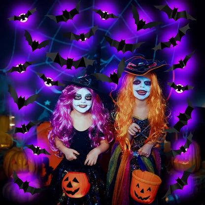 Décoration de chauve-souris d'halloween, veilleuse avec lumières violettes, autocollant mural 3D pour décoration auto-adhésive, jardin, arrière-cour, décor de fête d'halloween