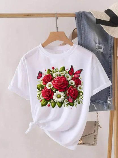 Tendance fleur Style mignon à manches courtes femmes imprimer femme chemise mode vêtements graphiques T-shirts vêtements dame t-shirt décontracté