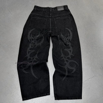 Ins-Pantalon droit en coton noir pour hommes et femmes, Jeans College de motifs de personnalité sombre, High Street Couple, Automne, Hiver, Nouveau