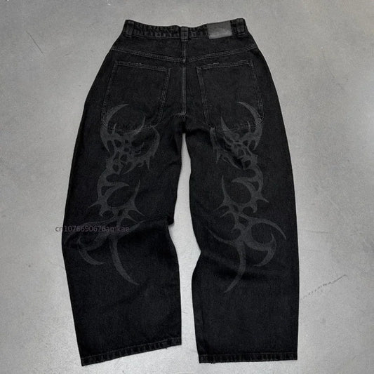 Ins-Pantalon droit en coton noir pour hommes et femmes, Jeans College de motifs de personnalité sombre, High Street Couple, Automne, Hiver, Nouveau