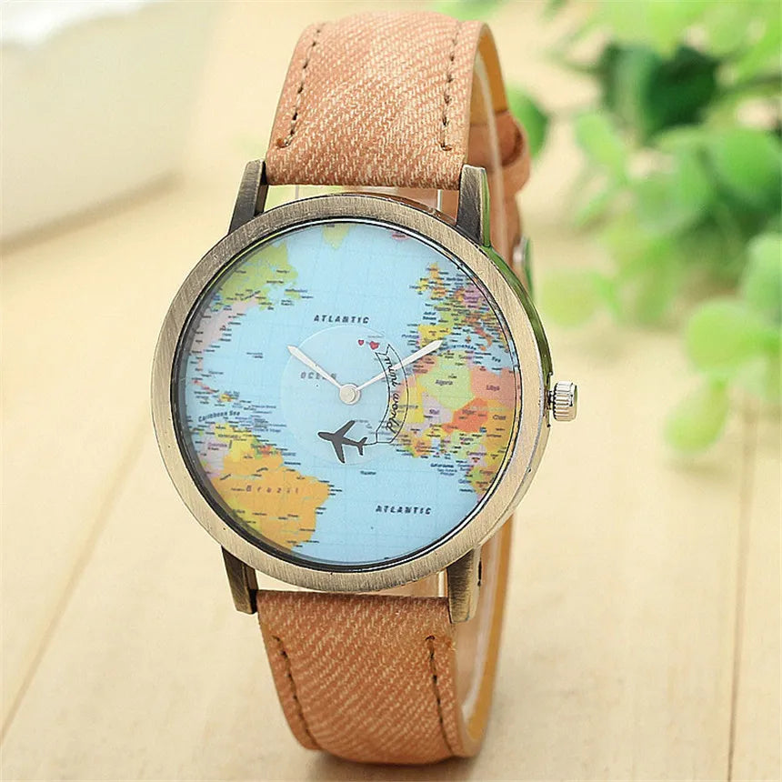 Montre à Quartz de mode  unisexe carte avion voyage autour du monde