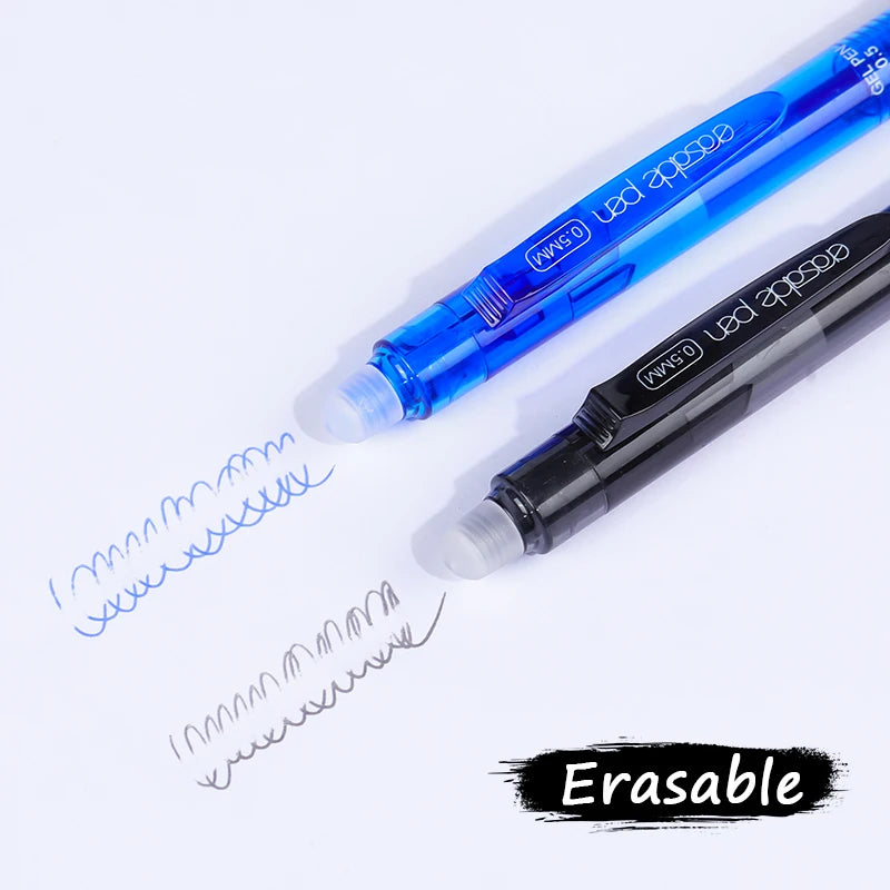 Stylos à Gel effaçables à pression noir et bleu, 0.5mm + 4 recharges + 1 stylo en caoutchouc