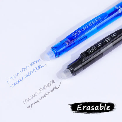 Stylos à Gel effaçables à pression noir et bleu, 0.5mm + 4 recharges + 1 stylo en caoutchouc