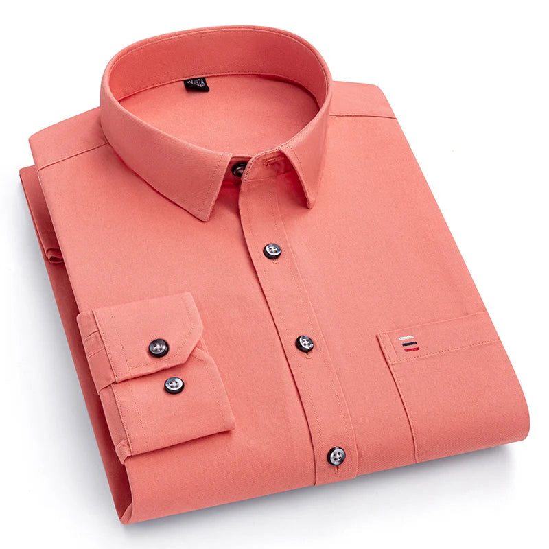 Nouveau 100% pur coton hommes chemises manches longues couleur unie doux coupe régulière chemise décontractée poche Social Blouse hommes vêtements S-7XL