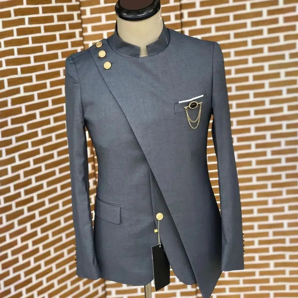 Costume européen et américain pour hommes, grande taille, col montant et col incliné, robe d'affaires, Banquet, Cocktail, robe d'hébergement, ensemble deux pièces
