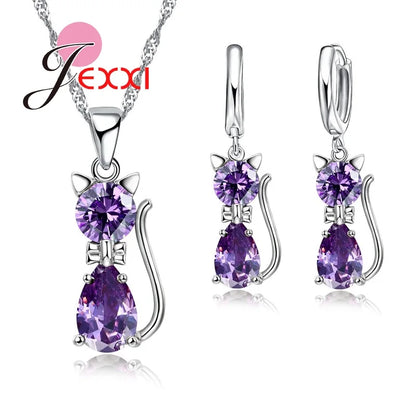 Ensembles de bijoux en argent pour femmes, livraison rapide, fiançailles romantiques, chat mignon, collier, boucles d'oreilles avec cristal autrichien