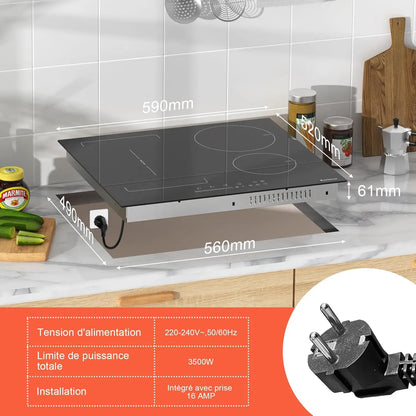 Karinear Plaque Induction Flexzone avec Prise, Plaque de Cuisson Induction 60 cm Encastrable avec Commande Tactile, Minuterie, Sécurité enfant, Boost, 220V-240V, 3500W