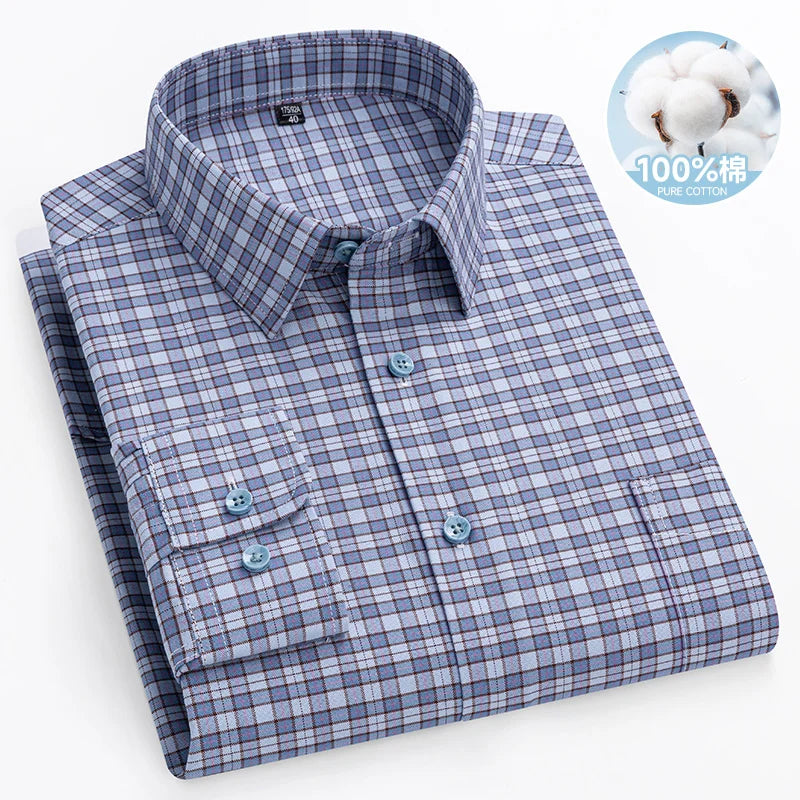 Chemise Oxford rayée à carreaux pour hommes, chemise sociale à manches longues, chemises de travail décontractées, poche, pur coton, qualité, S- 7XL, 8XL, 100%