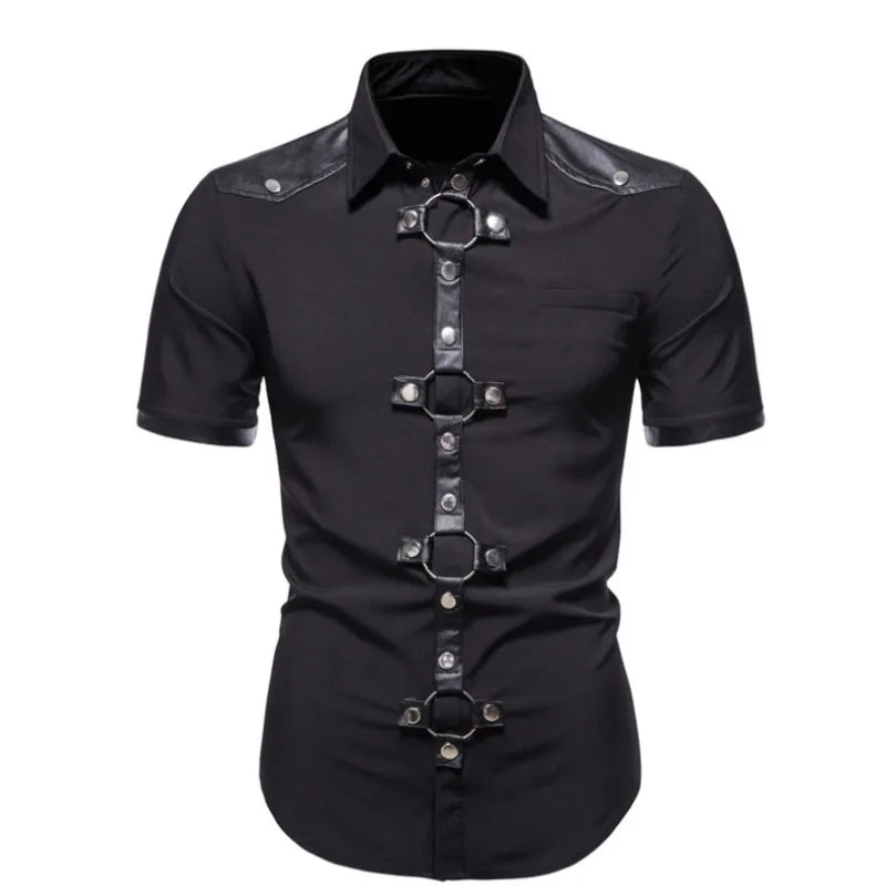 Chemise à Manches Courtes pour Homme, Streetwear, Style Gothique, Slim, Punk, Rivet, Haute Qualité, Printemps Été, Noir, Rouge, #4719