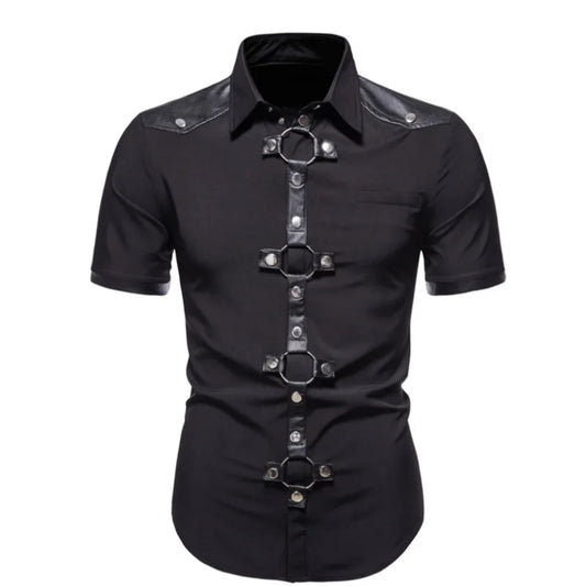 Chemise à Manches Courtes pour Homme, Streetwear, Style Gothique, Slim, Punk, Rivet, Haute Qualité, Printemps Été, Noir, Rouge, #4719