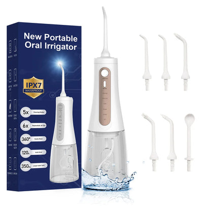 Irrigateur buccal portable, hydropulseur, aste, jet d'eau dentaire pour les dents, précieux, étanche, nettoyeur de dents, 6 embouts, 5 modes, 350ml