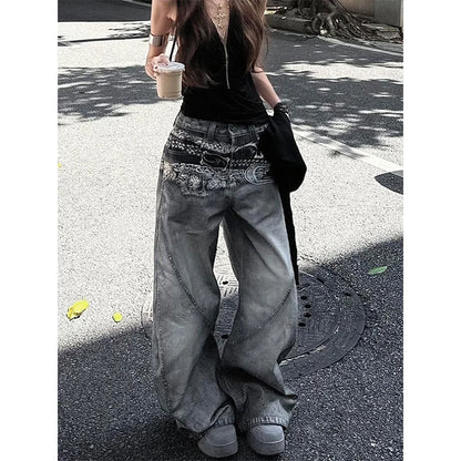 Pantalon en jean imprimé taille haute pour femmes, Vintage américain Hip-hop, Baggy décontracté Y2K, jambes larges, Style Streetwear Grunge, pantalon en Denim