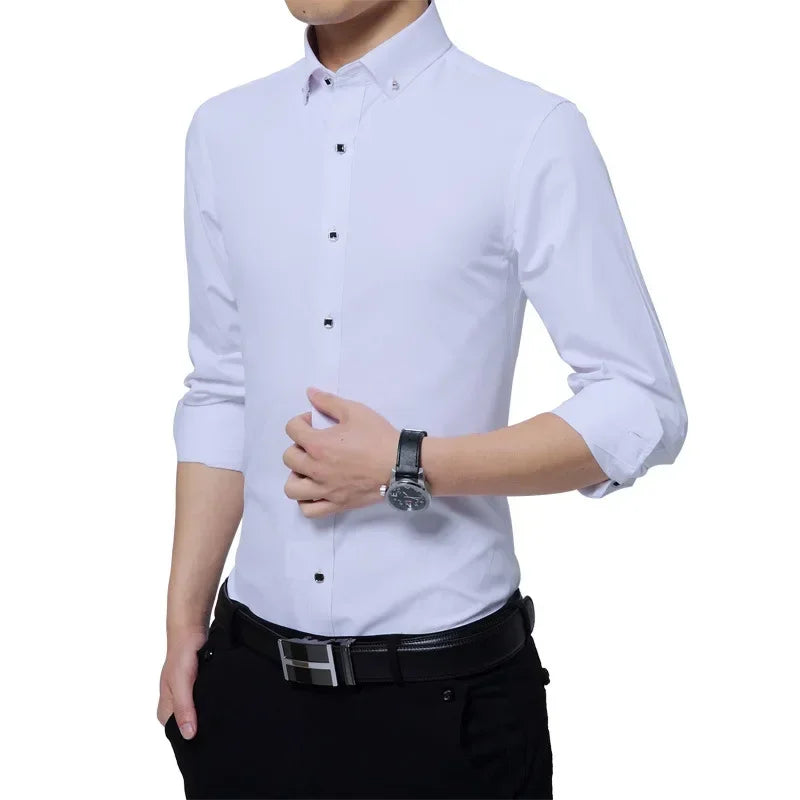Chemise habillée de luxe pour hommes, bouton en diamant, couleur unie, décontractée, coupe Standard, confortable, douce, manches longues, vêtements pour hommes