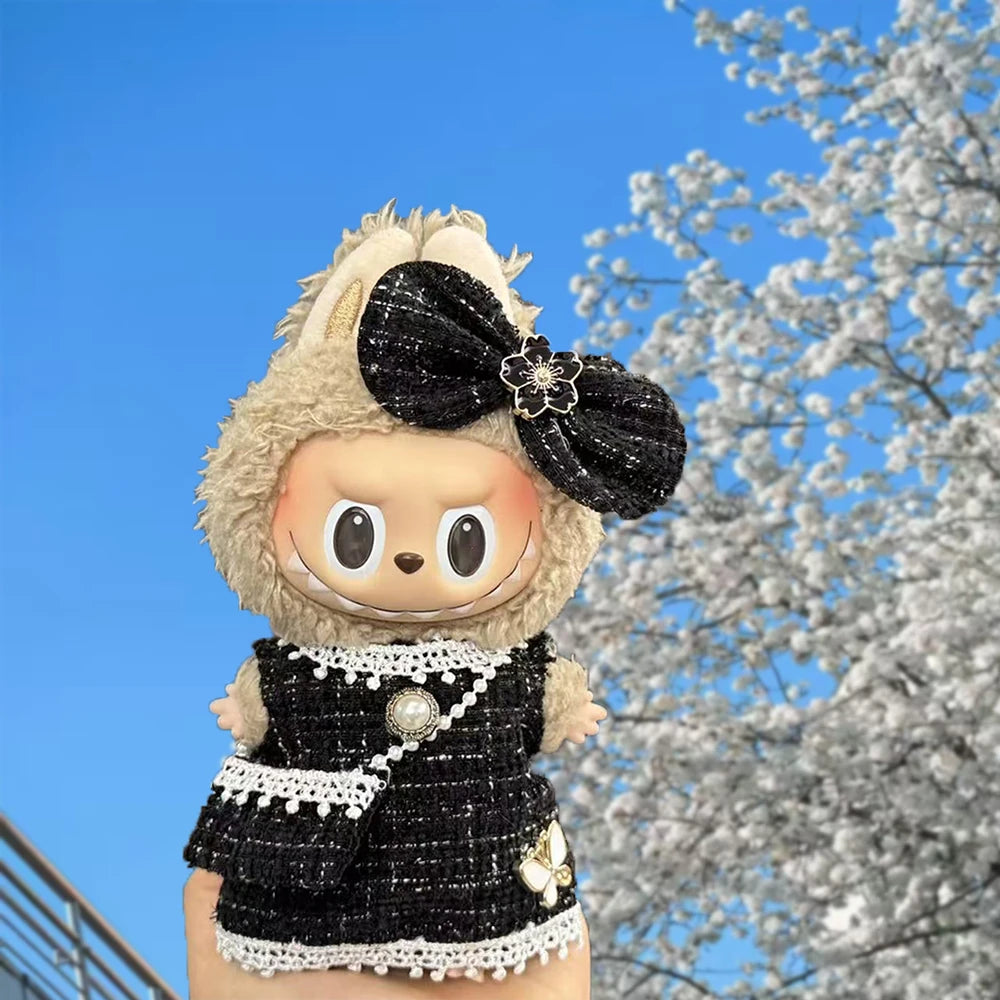 Vêtements pendentif de poupée Labubu 17cm, costume à carreaux, jupe et robe noire, ensemble de tenue élégante, accessoires mignons de décoration