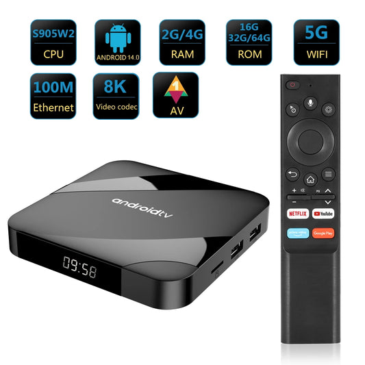 Amlogic S905W2 8K HD Smart TV Box Android 14.0 AV1 Dual WIFI BT Voice Remote Control 3D Video Media Player Home Theater TV Set Top Box
