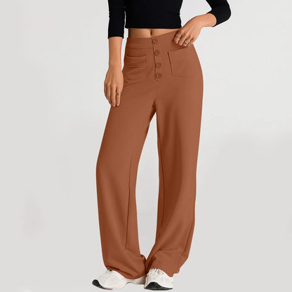 Pantalon à jambes droites pour femmes, classique, Simple, solide, taille haute, mode, poches à boutons, taille élastique, décontracté, nouvelle collection