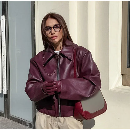 Zekye-Blouson en cuir bordeaux à manches longues pour femme, veste à revers avec fermeture éclair, vêtements de rue, mode printemps été