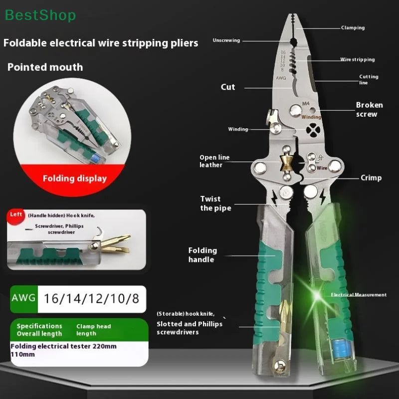 ★ ★ ★ Dénudeur de fil pliable avec stylo de Test électrique, séparateur de fil d'électricien, pince à enrouler, pince à sertir, outil manuel