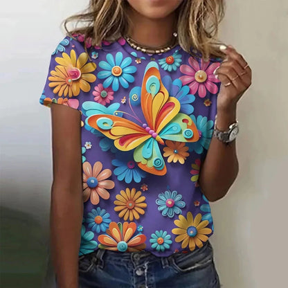 T-shirt manches courtes col rond femme, estival et surdimensionné, avec motif Floral et fleur papillon imprimé en 3D, Y2k, Harajuku, vêtements féminins, nouvelle collection