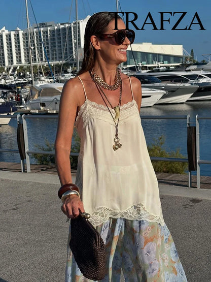 TRAFZA femmes mode d'été col en v dentelle épissé fendu fronde haut femme Sexy dos nu réglable bandoulière décontracté Camisole
