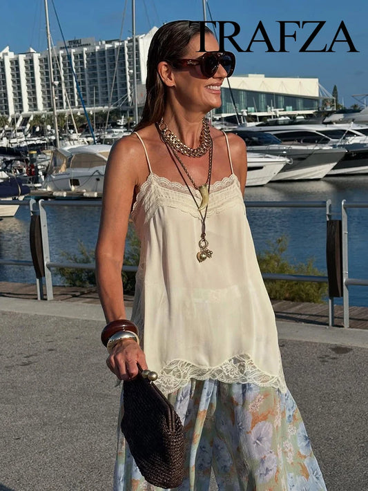 TRAFZA femmes mode d'été col en v dentelle épissé fendu fronde haut femme Sexy dos nu réglable bandoulière décontracté Camisole