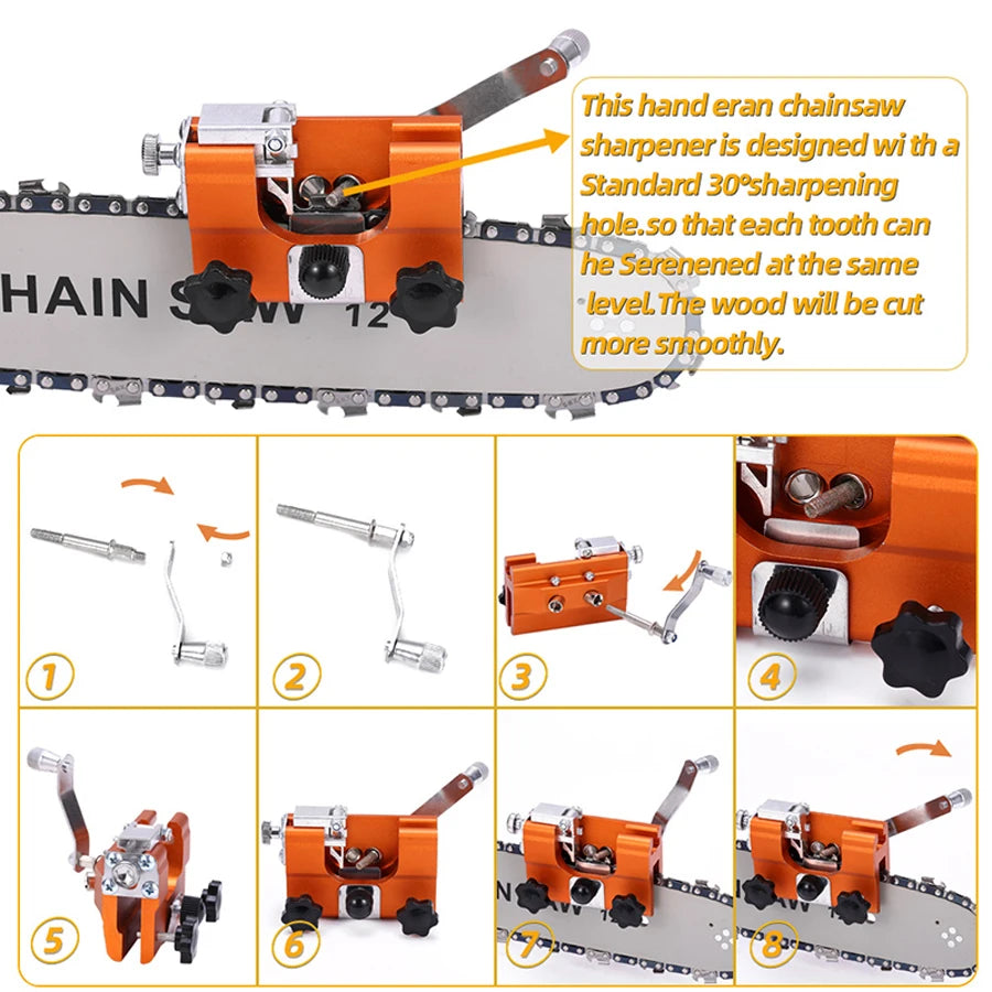 1 jeu d'affûtage de tronçonneuse, affûteur de tronçonneuse portable, outil d'affûtage de tronçonneuse à manivelle avec 4 têtes de meulage en carbure à double usage, conception de manchon de guidage étendu, pince d'a