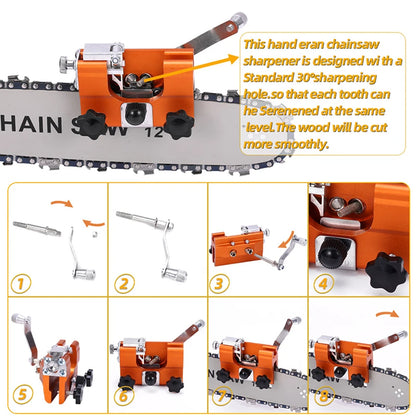1 jeu d'affûtage de tronçonneuse, affûteur de tronçonneuse portable, outil d'affûtage de tronçonneuse à manivelle avec 4 têtes de meulage en carbure à double usage, conception de manchon de guidage étendu, pince d'a