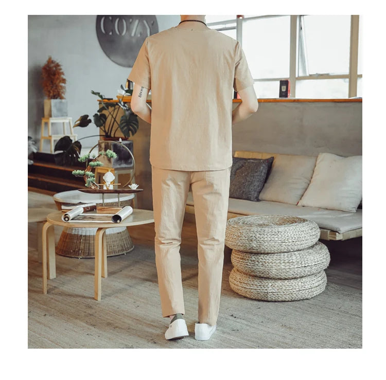 (Chemise + pantalon) 2024 été nouveau style mode hommes chemise à manches courtes chemises hommes ensembles chemises en coton mâle deux pièces M-5XL